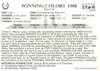 1991 Horse Star Kentucky Derby #114 Winning Colors Back